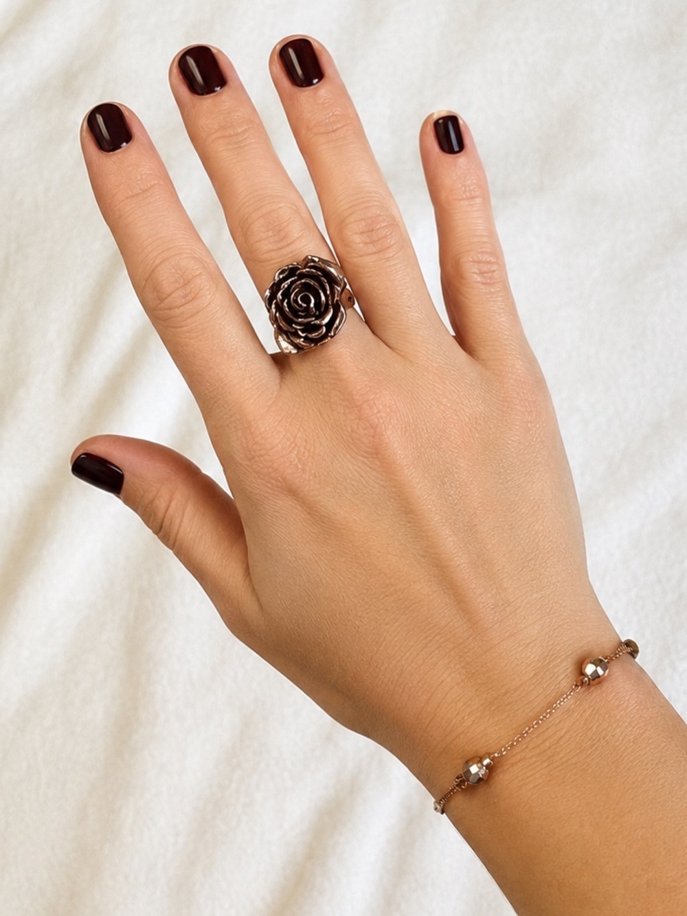 Rose Gold Colored Rose Flower Ring, size 8